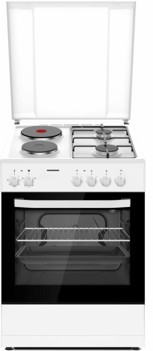 Aragaz mixt Heinner HFSC-S60E2HSWH, 2 arzatoare gaz, gratar Email, Cuptor