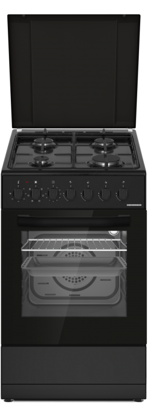 Aragaz mixt Heinner HFSC-S60LITGC-BK, 4 arzatoare gaz, gratar Email, cuptor