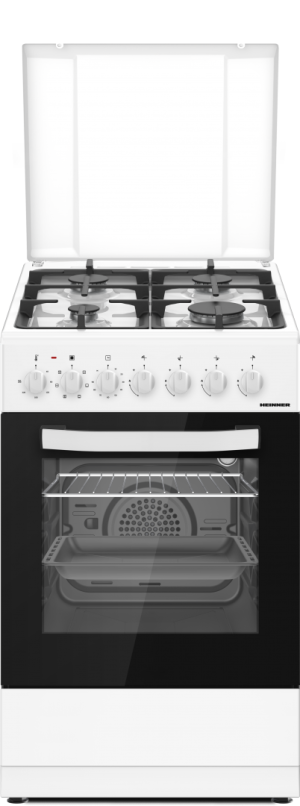 Aragaz mixt Heinner HFSC-S65MIXF-WH, 4 arzatoare gaz, gratar Email, Cuptor