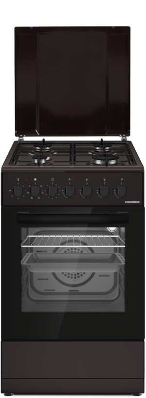 Aragaz mixt Heinner HFSC-S60LITGC-BRW, 4 arzatoare gaz, gratar email, cuptor