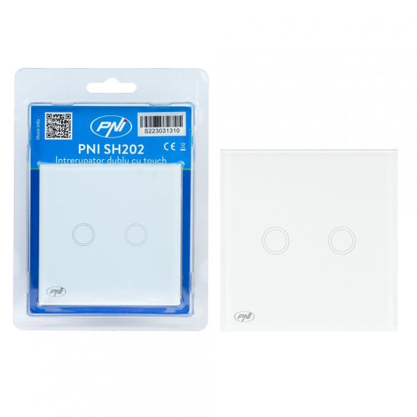 Intrerupator dublu cu touch PNI SH202 din sticla, alb cu