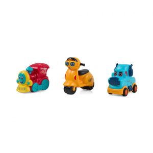SET 3 VEHICULE ACTIONATE PRIN INERTIE- MASINUTA ALBASTRA, TREN ROSU,