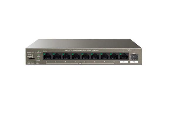 Tenda switch TEG1110PF-8-102W, 9GE+1SFP Ethernet Switch, 8-Port PoE, interfata: 8