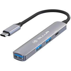 Hub USB TELLUR TLL321051, USB-C, 4 porturi, Gri