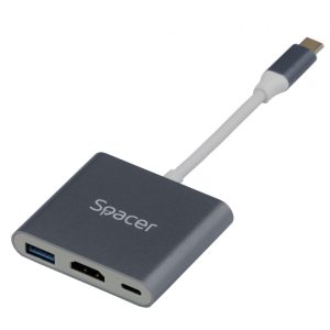 Docking station SPACER SPDS-TYPEC-HUP3, USB Type-C, 87W, Gri, 2 ani
