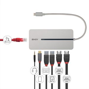Hub USB LINDY DST-Mx Duo, USB-C, 10 porturi, HDMI, RJ-45,