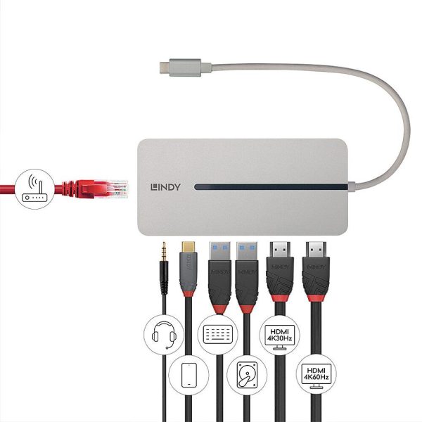 Hub USB LINDY DST-Mx Duo, USB-C, 10 porturi, HDMI, RJ-45,