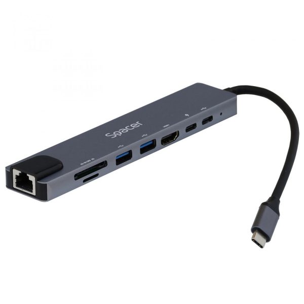 Docking station SPACER SPDS-TYPEC-CHUPSG-8IN1, USB Type-C, 87W, Gri, 2 ani