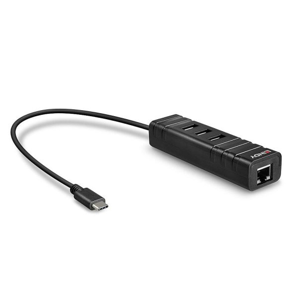 Hub USB LINDY 43249 USB-C, 4 porturi, RJ-45, Negru