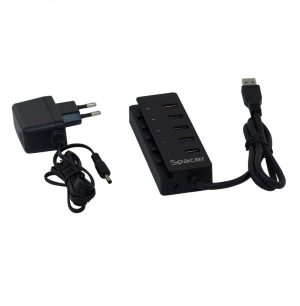 Hub USB SPACER SPH-4USB30-1QC, USB-A, 5 porturi, Negru
