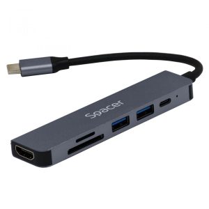Docking station SPACER SPDS-TYPEC-HUPS-6IN1, USB Type-C, 87W, Gri, 2 ani