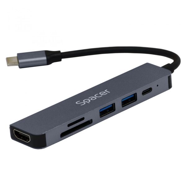 Docking station SPACER SPDS-TYPEC-HUPS-6IN1, USB Type-C, 87W, Gri, 2 ani